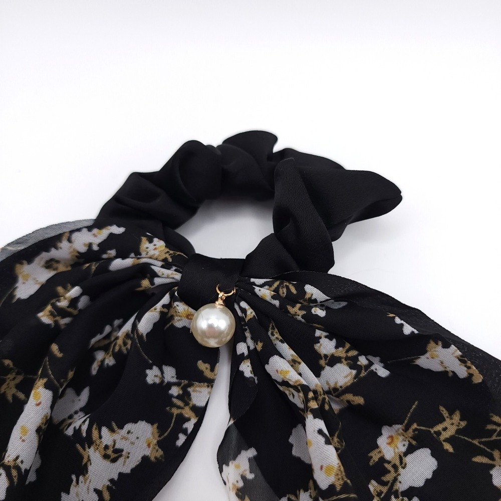 Black Floral Ribbon Scrunchie Faux Pearl Hair Tie Women's Boho Elegant Accessory - Picture 4 of 4